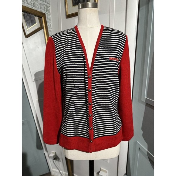 St. John Sport by Marie Gray Sweaters - St. John Sport Navy Red V-Neck Striped Long Sleeve Knit Cardigan Sweater Medium